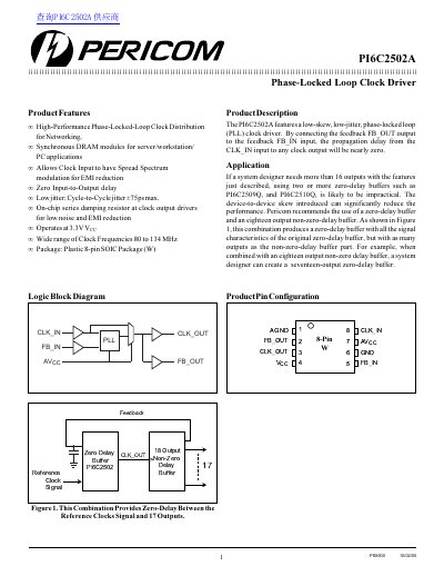 Pericom PI6C2502A Phase-Locked Loop Clock Driver Datasheet - cover page