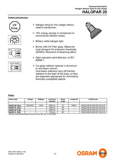 OSRAM HALOPAR 20 Product Leaflet Technical Information - cover page