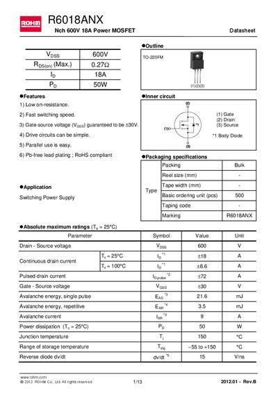 ROHM R6018ANX Power MOSFET Datasheet - cover page