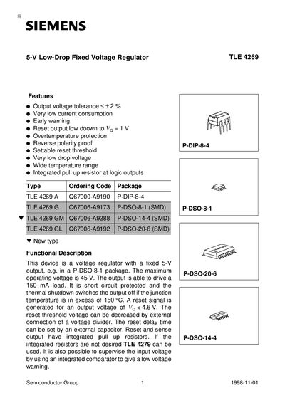 Siemens TLE 4269 5‑V Low‑Drop Fixed Voltage Regulator Datasheet - cover page