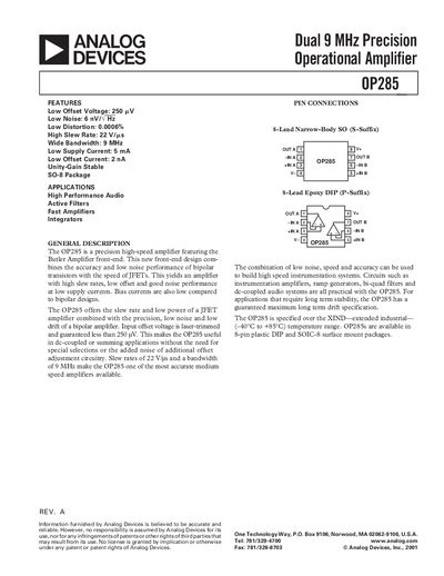 Analog Devices OP285 Operational Amplifier Datasheet - cover page