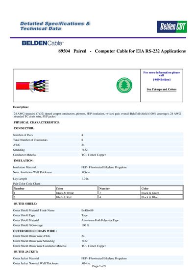 Belden 89504 Paired Cable Datasheet - cover page
