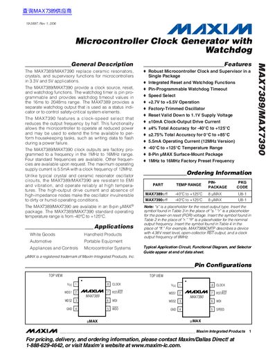 Maxim MAX7389/MAX7390 Microcontroller Clock Generator with Watchdog Datasheet - cover page