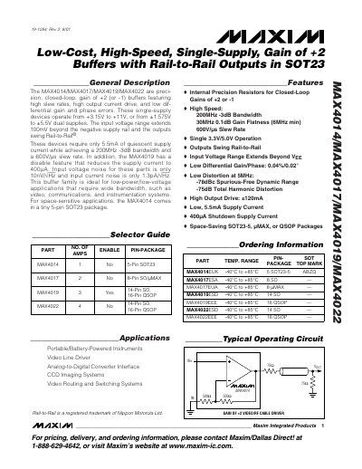 MAXIM MAX4014/MAX4017/MAX4019/MAX4022 Low-Cost High-Speed Single-Supply Gain of +2 Buffers with Rail-to-Rail Outputs in SOT23 handbook - cover page