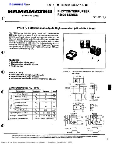 Hamamatsu P2825 Series Photointerrupter Datasheet - cover page