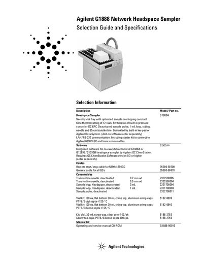Agilent G1888A Network Headspace Sampler Selection Guide - cover page