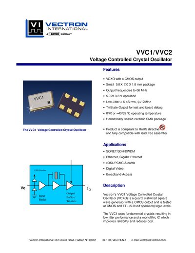 Vectron VVC1/VVC2 Voltage Controlled Crystal Oscillator Datasheet - cover page