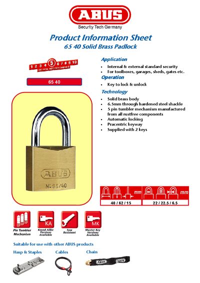 ABUS 65 40 Padlock Product Information Sheet - cover page
