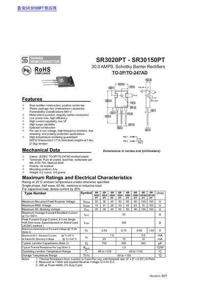 TAIWAN Semiconductor SR3020PT - SR30150PT 30.0 AMPS. Schottky Barrier Rectifiers - cover page