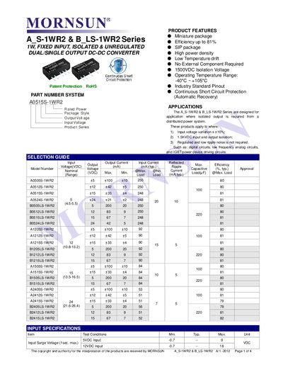 Mornsun A_S-1WR2 & B_LS-1WR2 DC-DC Converter Datasheet - cover page