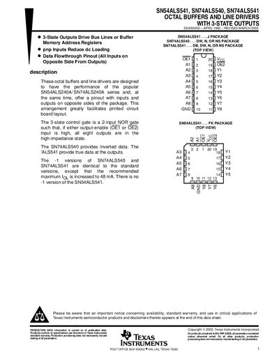 Texas Instruments SN54ALS541 SN74ALS540 SN74ALS541 Octal Buffers and Line Drivers Datasheet - cover page