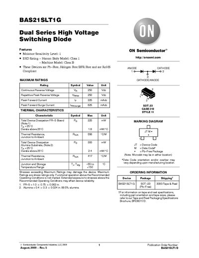 ON Semiconductor BAS21SLT1G Dual Series High Voltage Switching Diode Datasheet - cover page