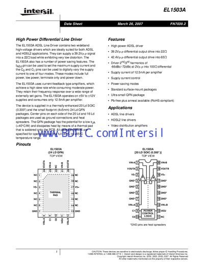 Intersil EL1503A High Power Differential Line Driver Datasheet - cover page