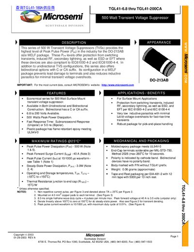 Microsemi TGL41-6.8 thru TGL41-200CA handbook - cover page