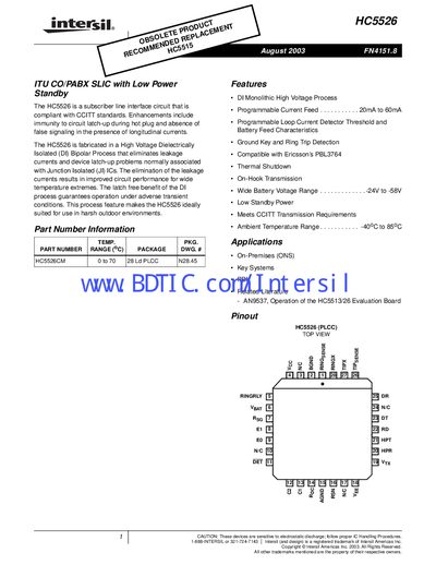 Intersil HC5526 Subscriber Line Interface Circuit Datasheet - cover page
