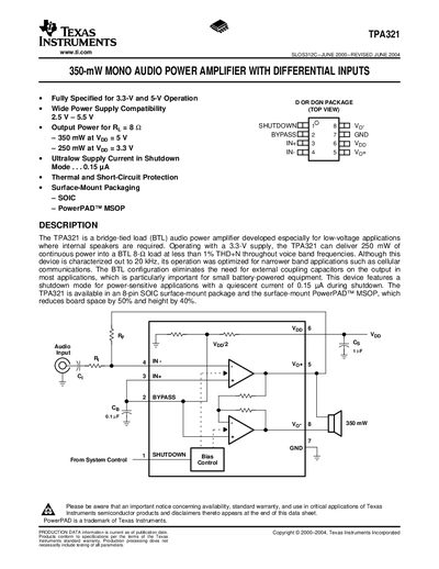 TEXAS INSTRUMENTS TPA321 350-mW MONO AUDIO POWER AMPLIFIER WITH DIFFERENTIAL INPUTShandbook - cover page