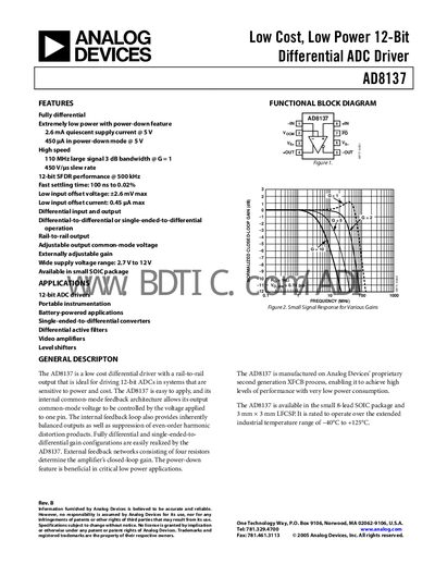 Analog Devices AD8137 Differential ADC Driver Datasheet - cover page