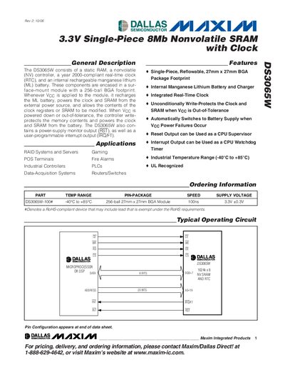 Maxim DS3065W 3.3V 8Mb Nonvolatile SRAM with Clock Datasheet - cover page