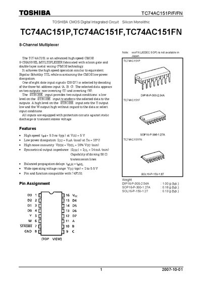TOSHIBA TC74AC151P TC74AC151F TC74AC151FN Manual - cover page