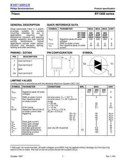 Philips Semiconductors BT136B Series Triac Datasheet - cover page