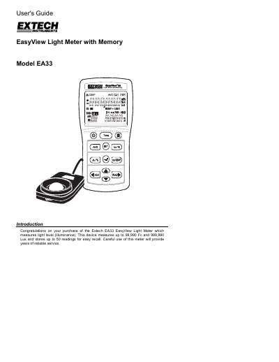 Extech EA33 EasyView Light Meter with Memory User's Guide - cover page