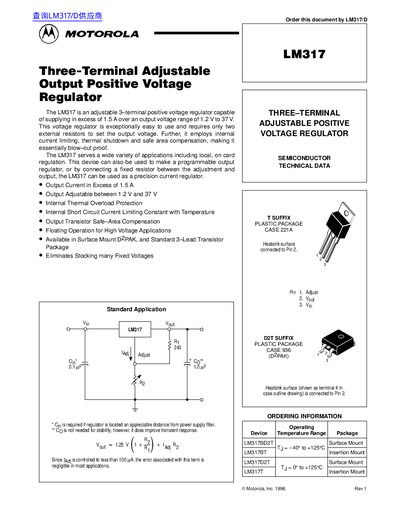 Motorola LM317 Three-Terminal Adjustable Positive Voltage Regulator Datasheet - cover page