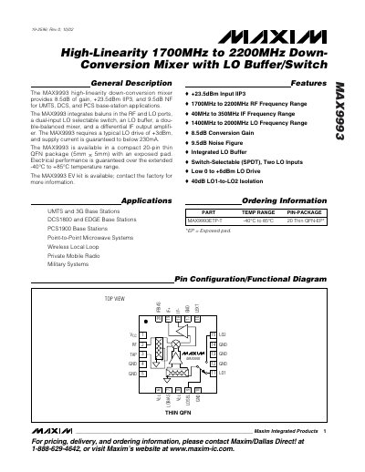 Maxim MAX9993 High-Linearity Down-Conversion Mixer Datasheet - cover page
