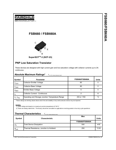 Fairchild Semiconductor FSB660/FSB660A PNP Low Saturation Transistor Datasheet - cover page