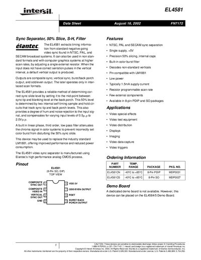 Intersil EL4581 Video Sync Separator Datasheet - cover page