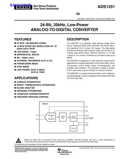 Texas Instruments ADS1251 24-Bit Analog-to-Digital Converter Datasheet - cover page