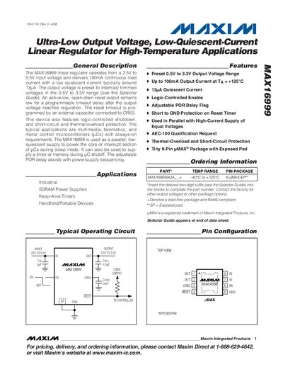 Maxim Integrated MAX16999 Ultra-Low Output Voltage Linear Regulator Datasheet - cover page