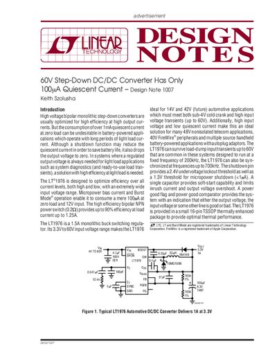 Linear Technology LT1976 60V Step-Down DC/DC Converter Datasheet Design Note 1007 - cover page