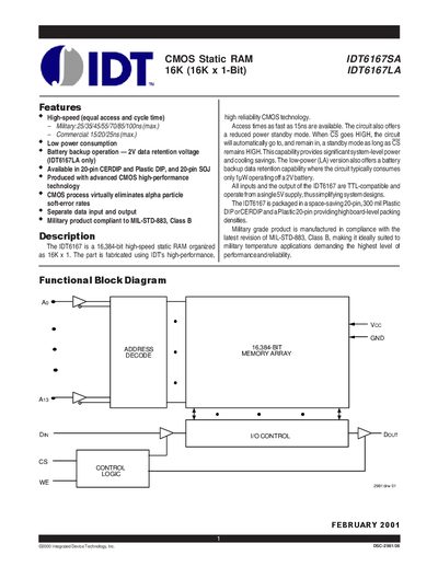 IDT IDT6167SA/IDT6167LA CMOS Static RAM Datasheet - cover page