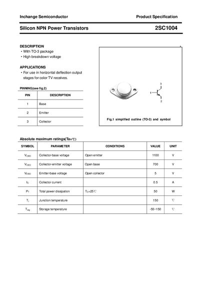 Inchange 2SC1004 Datasheet - cover page