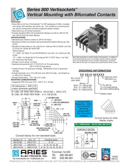 Aries Series 800 Vertisockets Vertical Mounting with Bifurcated Contacts Manual - cover page