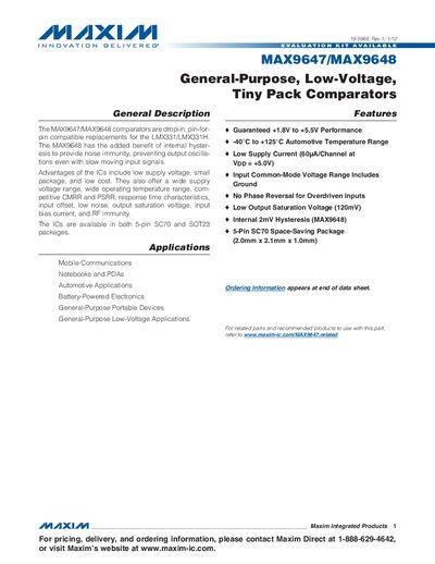 Maxim MAX9647/MAX9648 Comparator Datasheet - cover page
