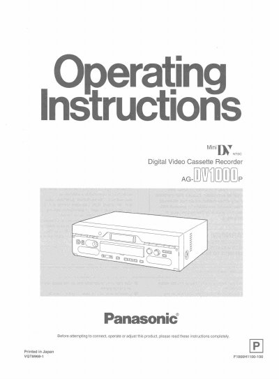 Panasonic AG-DV1000 Digital Video Cassette Recorder User Manual - cover page