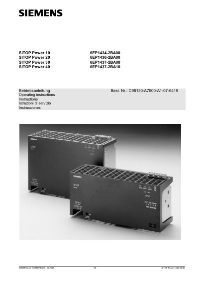 SIEMENS SITOP Power 10 6EP1434-2BA00 SITOP Power 20 6EP1436-2BA00 SITOP Power 30 6EP1437-2BA00 SITOP Power 40 6EP1437-2BA10  - cover page