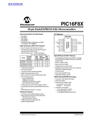 MICROCHIP PIC16F8X 18-pin Flash/EEPROM 8-Bit Microcontrollers handbook - cover page