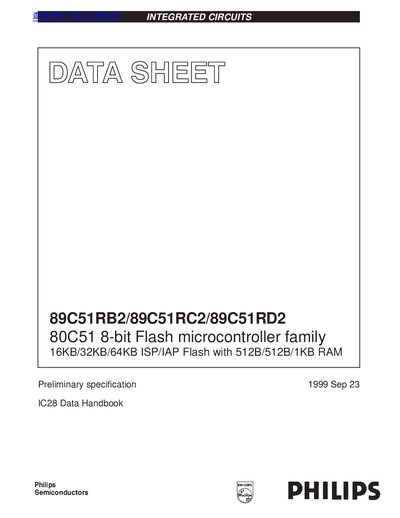 PHILIPS 89C51RB2/89C51RC2/89C51RD2 80C51 8-bit Flash microcontroller family 16KB/32KB/64KB ISP/IAP Flash with 512B/512B/1KB RAM handbook - cover page