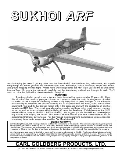 Carl Goldberg SUKHOI ARF Assembly Manual - cover page