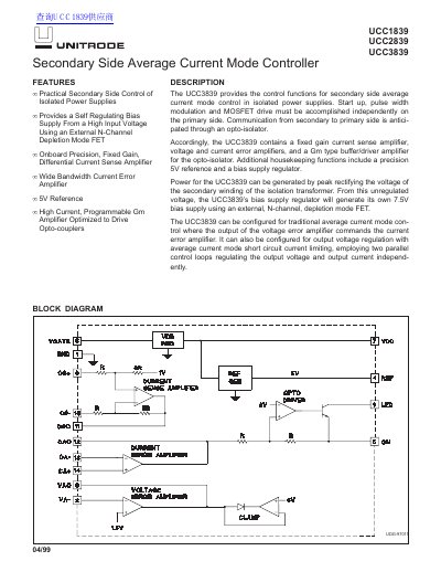 Unitrode UCC1839/UCC2839/UCC3839 Secondary Side Average Current Mode Controller Datasheet - cover page