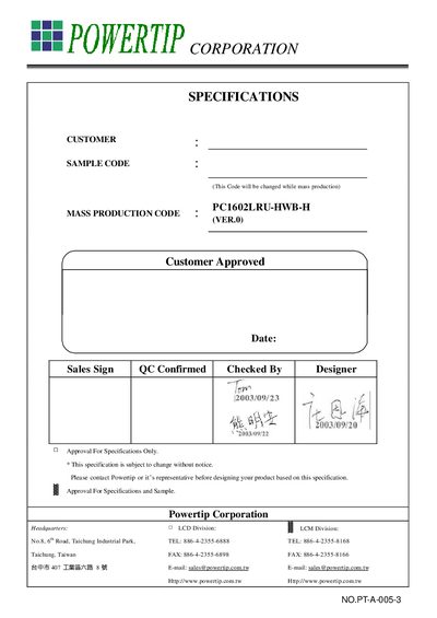 Powertip PC1602LRU-HWB-H LCD Module Specification Handbook - cover page