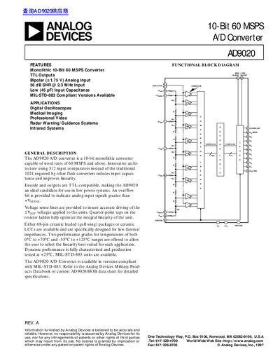 ANALOG DEVICES 10-Bit 60 MSPS A/D Converter AD9020 handbook - cover page