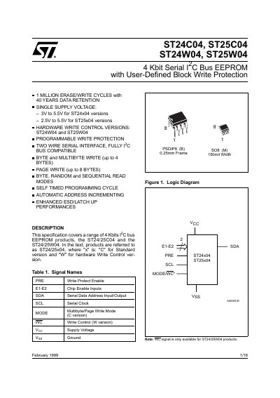 ST ST24C04 ST25C04 ST24W04 ST25W04 4 Kbit Serial I 2 C Bus EEPROM with User-Defined Block Write Protection handbook - cover page