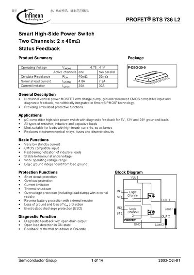 Infineon BTS 736 L2 Smart High‑Side Power Switch Datasheet - cover page