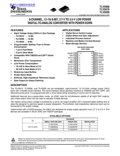 TEXAS INSTRUMENTS TLV5608 TLV5610 TLV5629 8-CHANNEL 12-/10-/8-BIT 2.7-V TO 5.5-V LOW POWER DIGITAL-TO-ANALOG CONVERTER WITH POWER DOWN handbook - cover page