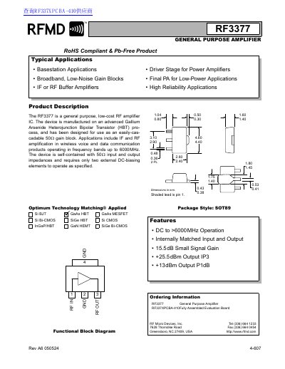 RFMD RF3377 General Purpose Amplifier Datasheet - cover page