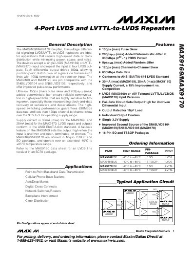 Maxim MAX9169/MAX9170 LVDS Repeater Datasheet - cover page