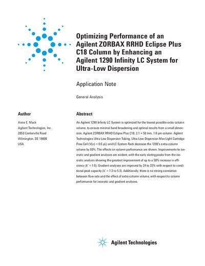 Agilent Optimizing Performance of an Agilent ZORBAX RRHD Eclipse Plus C18 Column by Enhancing an Agilent 1290 Infinity LC System for Ultra-Low Dispersion Manual - cover page
